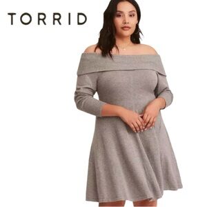 4X Torrid Fit and Flare Cotton Knit Off the Shoulder Sweater Dress, Grey